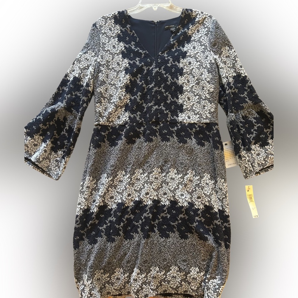 Maggy London Black and White Lace-Patterned Long Sleeve Sheath Dress